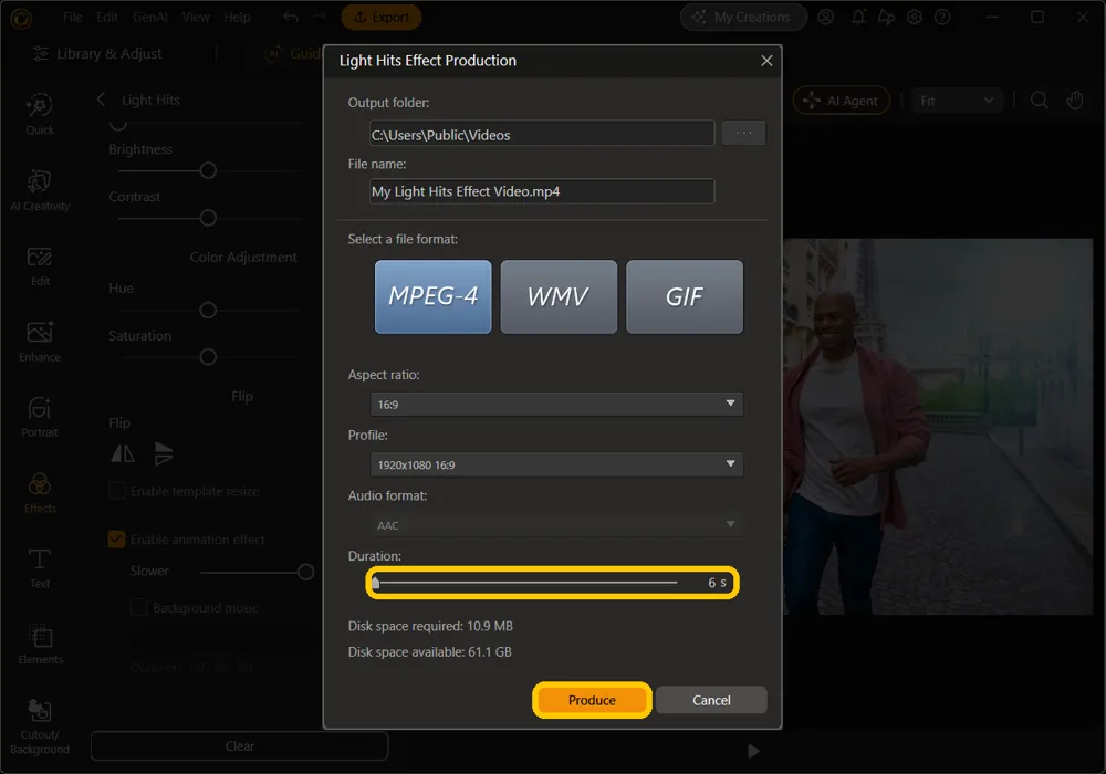 The Light Hits Effect Production window with the Duration slider at 6 seconds and the Produce button highlighted