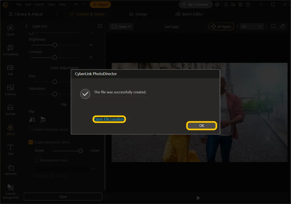 The message The file was successfully created, with Open File Location and OK highlighted