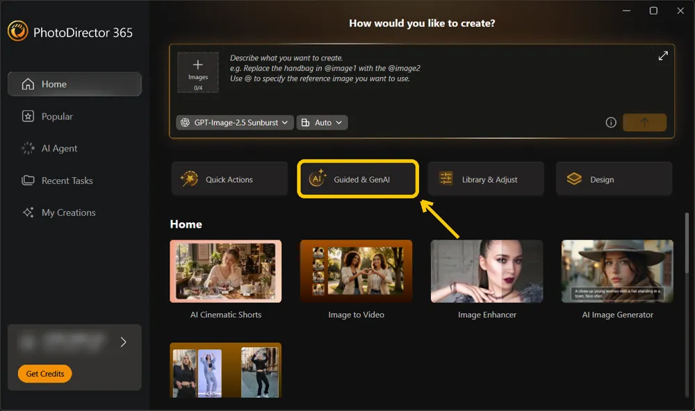 The PhotoDirector launcher with the Guided and GenAI button highlighted