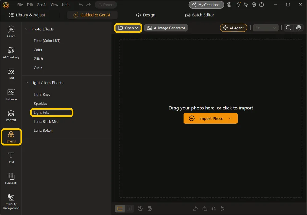 The empty canvas with the Open button, Effects in the left rail, and Light Hits under Light / Lens Effects highlighted