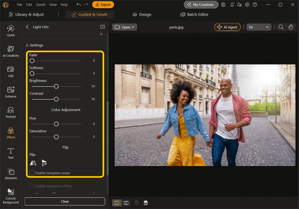 The Light Hits 2. Settings section, with Fade, Softness, Brightness, Contrast, Hue, Saturation, Flip and Enable template resize highlighted