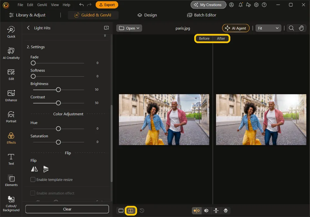 The photo viewer split into Before and After, with the side-by-side view button and the Before and After labels highlighted
