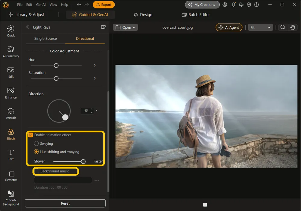 Enable animation effect checked with Hue shifting and swaying selected, the speed slider at Faster, and the Background music option, highlighted