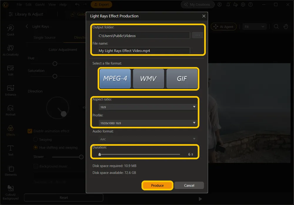 The Light Rays Effect Production window with the output folder, file formats, aspect ratio and profile, duration, and Produce button highlighted