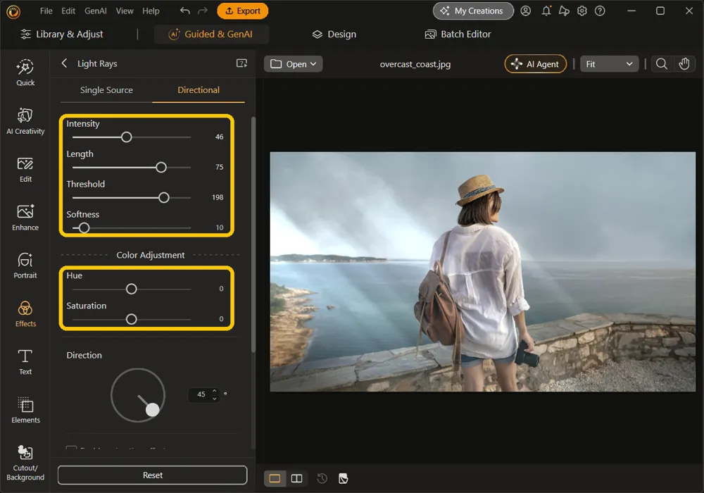 The Intensity, Length, Threshold, and Softness sliders set to 46, 75, 198, and 10, and the Hue and Saturation sliders under Color Adjustment at 0, highlighted