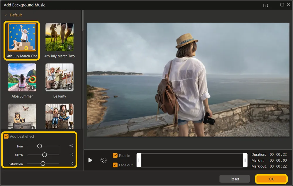 The Add Background Music window with a track selected, Add beat effect checked with its Hue, Glitch, and Saturation sliders, and the OK button highlighted