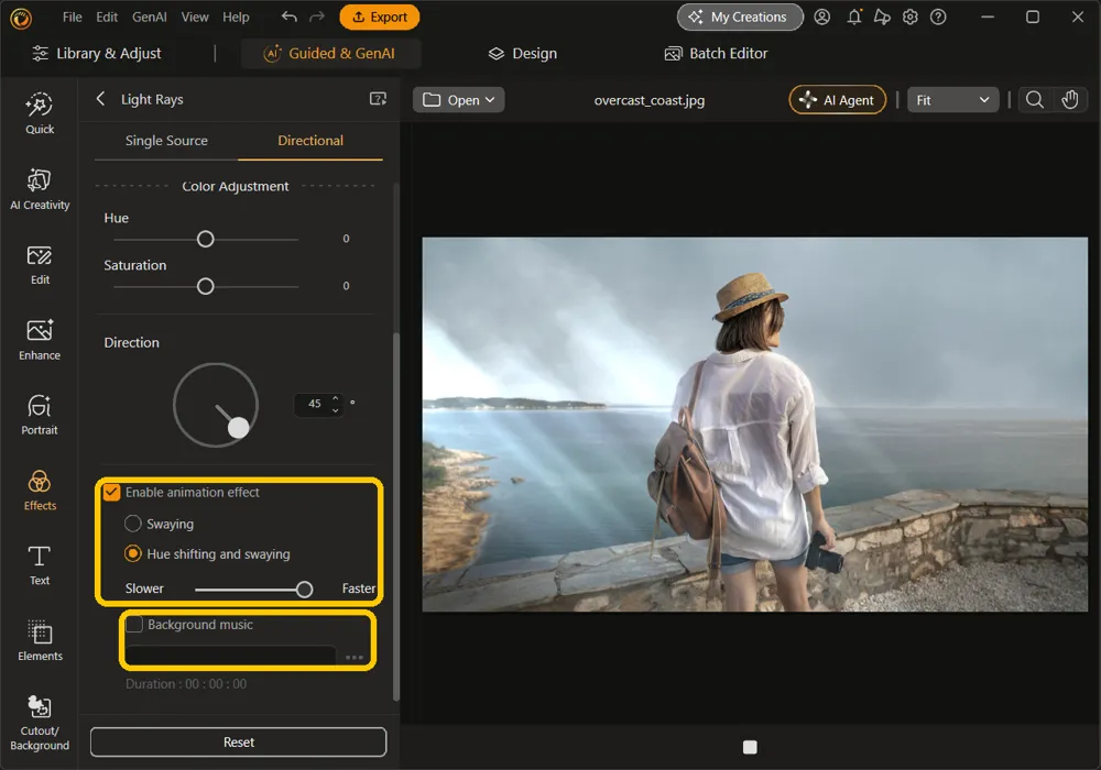 Enable animation effect checked with Hue shifting and swaying selected and the speed slider at Faster, and the Background music option with its track field and ... button, highlighted
