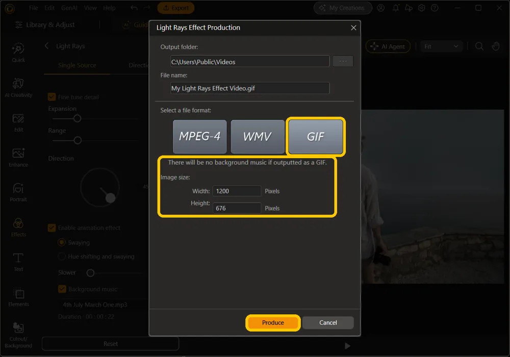 The Light Rays Effect Production window with GIF selected, and the no-music note, the Image size Width and Height fields, and Produce highlighted