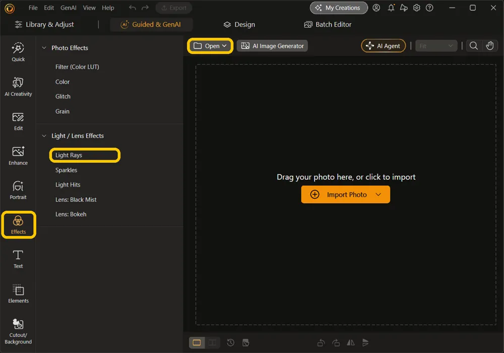 The empty canvas with the Open button, Effects in the left rail, and Light Rays under Light / Lens Effects highlighted