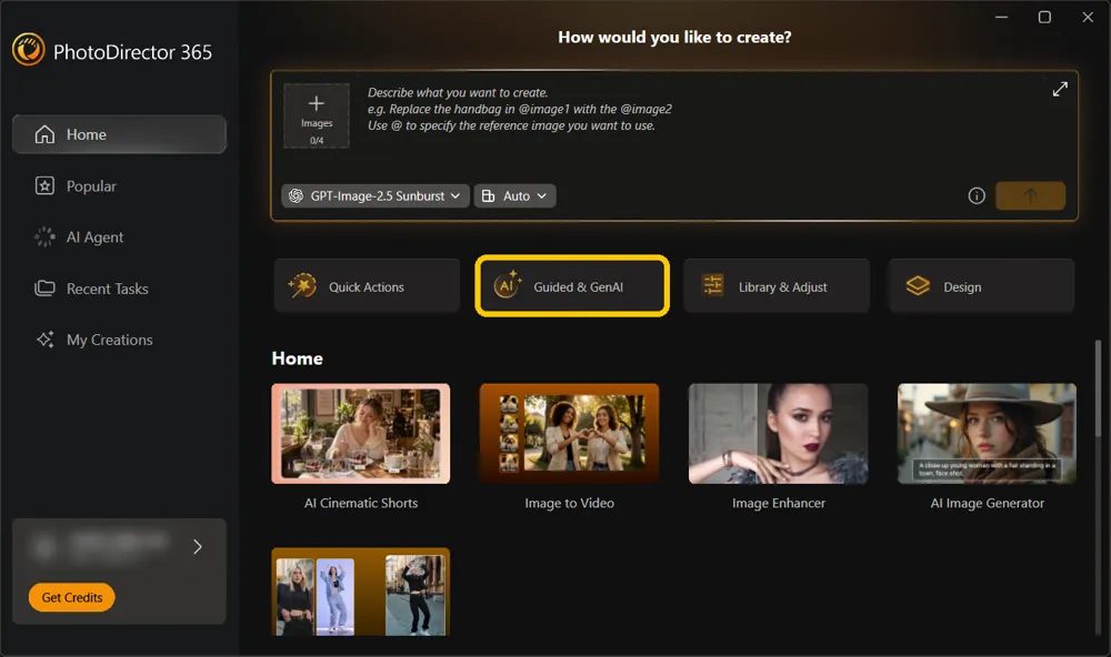 The PhotoDirector launcher with Guided & GenAI highlighted