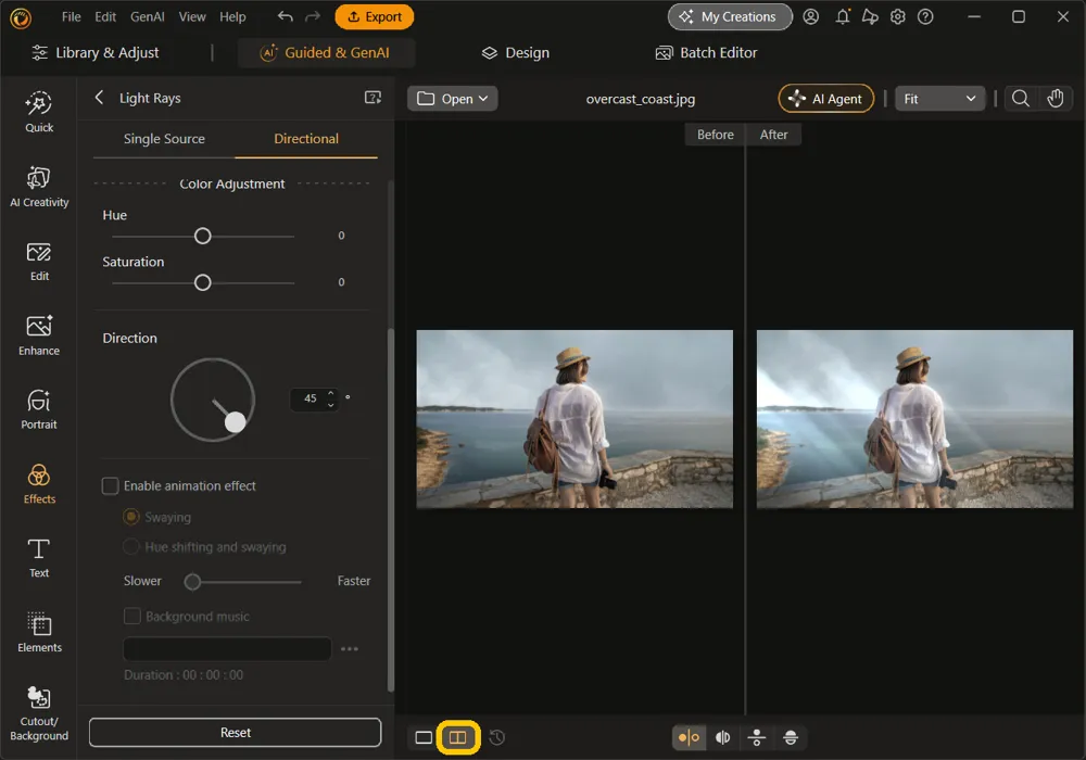 The side-by-side button highlighted below a Before and After view of the Directional result