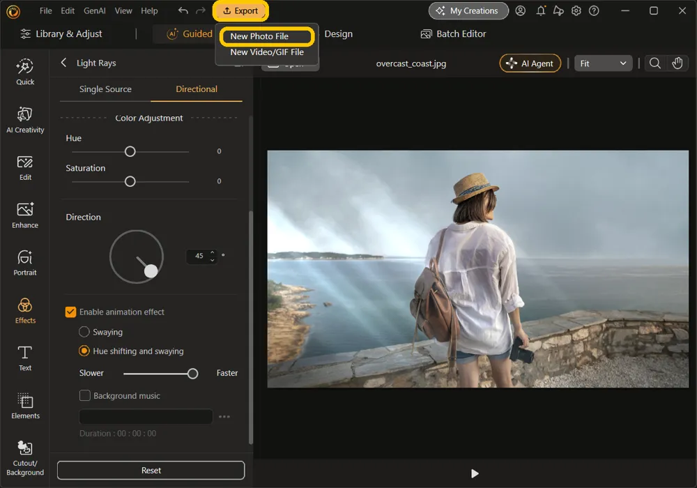 The Export menu open at the top of the window, with Export and New Photo File highlighted