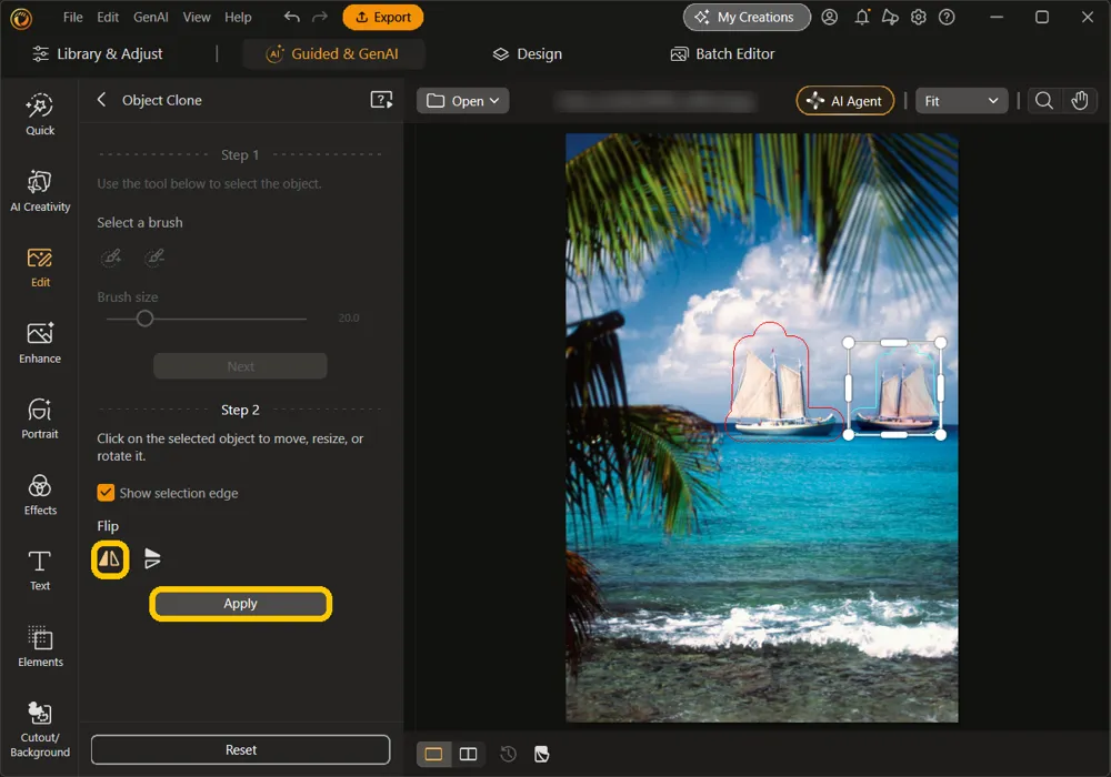 The copied sailboat mirrored to face the original, with the left Flip button and Apply highlighted