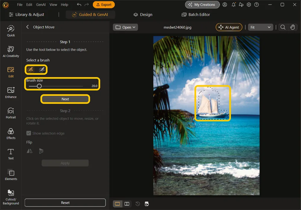 The sailboat outlined by a dashed selection, with the brush and eraser icons, the Brush size slider at 20, and Next highlighted