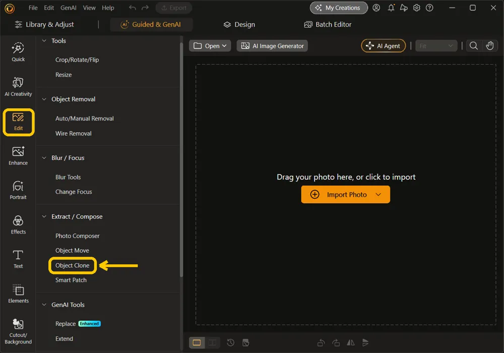 The Guided and GenAI tab with an empty canvas, with Edit in the left rail and Object Clone under Extract / Compose highlighted