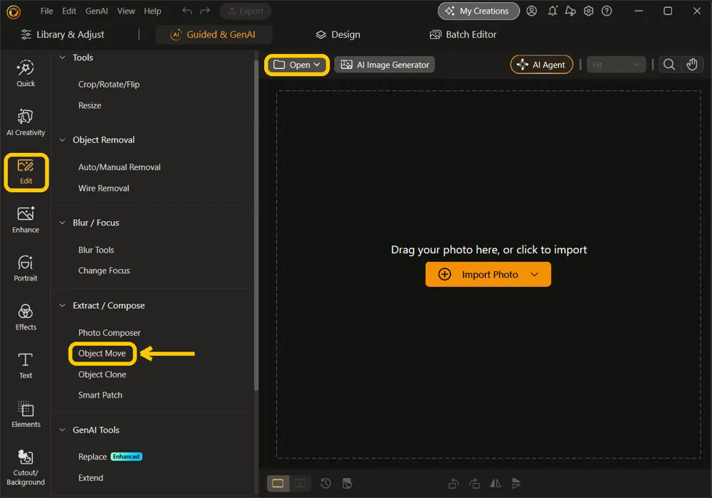 The Guided and GenAI tab with an empty canvas, with Open, Edit in the left rail, and Object Move under Extract / Compose highlighted