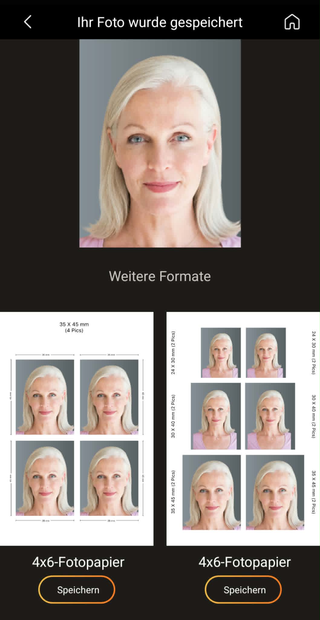 PhotoDirector Ansicht zum Speichern von Passfotos im Druckformat auf 4x6 Fotopapier