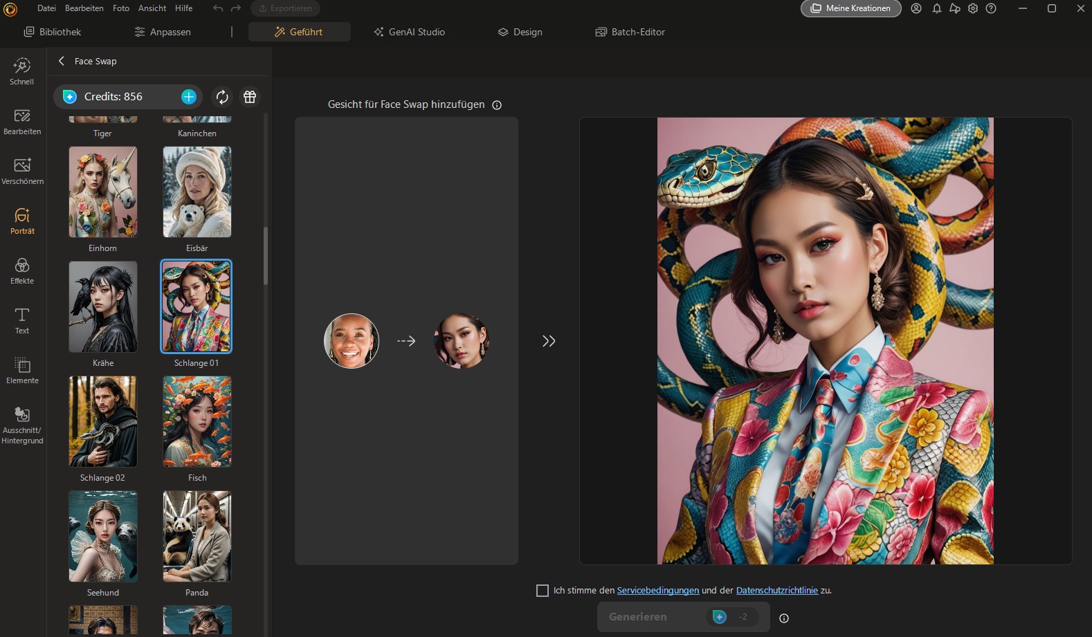 Screenshot der PhotoDirector Desktop-Software für Windows. Zu sehen ist das GenAI Studio mit der Face-Swap-Funktion. Eine kreative Schlangen-Vorlage wird genutzt, um ein Porträt-Foto in ein fantasievolles Design zu verwandeln. Die Benutzeroberfläche zeigt links verschiedene KI-Stile wie Einhorn, Eisbär und Drache.