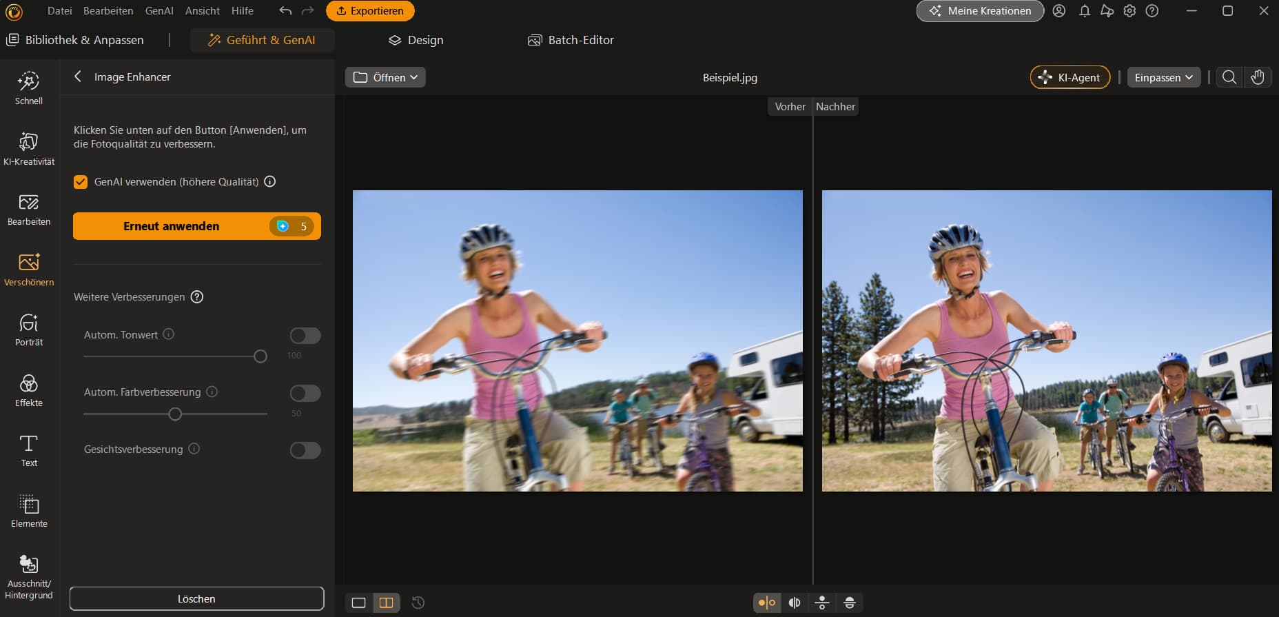 PhotoDirector PC-Benutzeroberfläche des Image Enhancers mit Nebeneinander-Vergleich von unscharfem Original und geschärftem KI-Ergebnis.