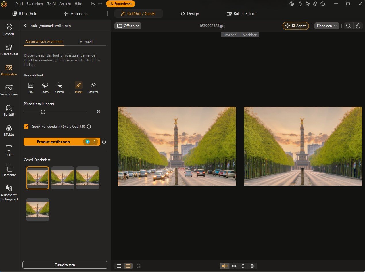 Ein Vorher-Nachher-Vergleich in der PhotoDirector PC-Software: Links die Straße vor der Siegessäule voller Autos, rechts die komplett leere, sauber retuschierte Straße.