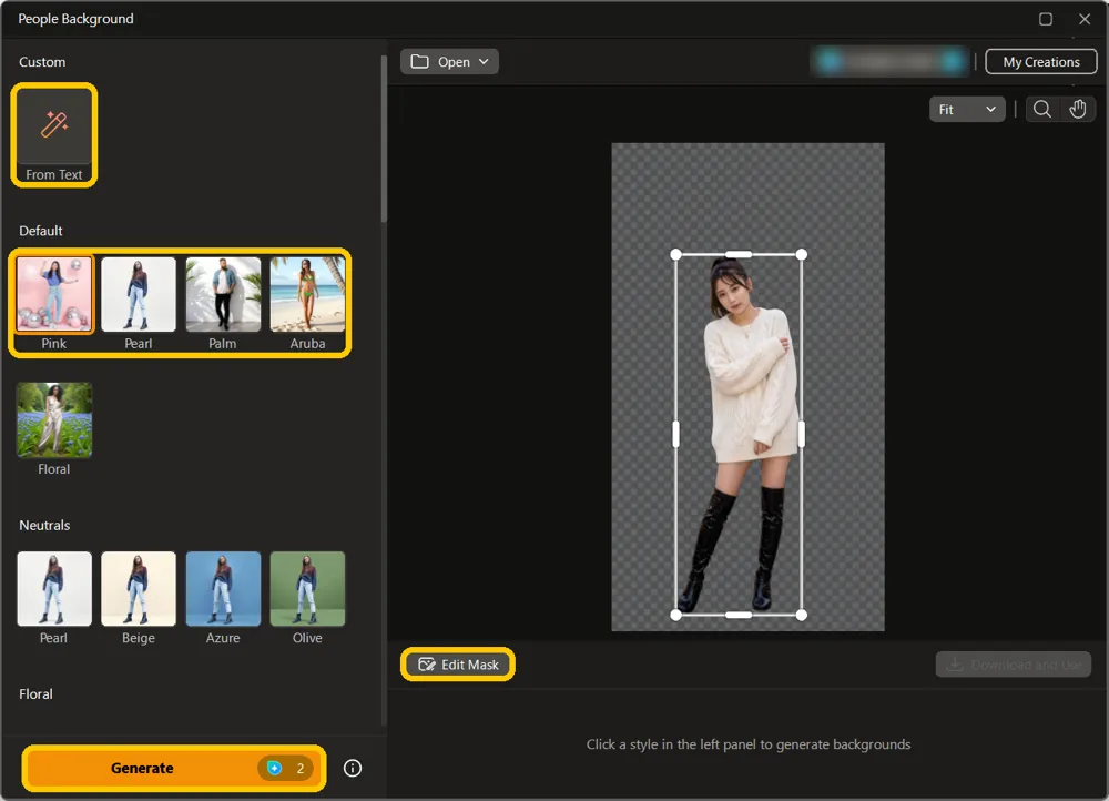 The People Background window with From Text, the Default styles, and Generate highlighted