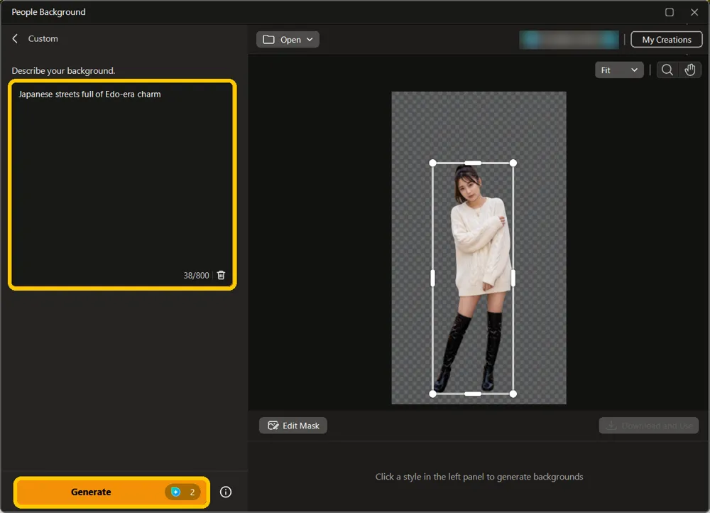 The Describe your background box with a description and the Generate button highlighted