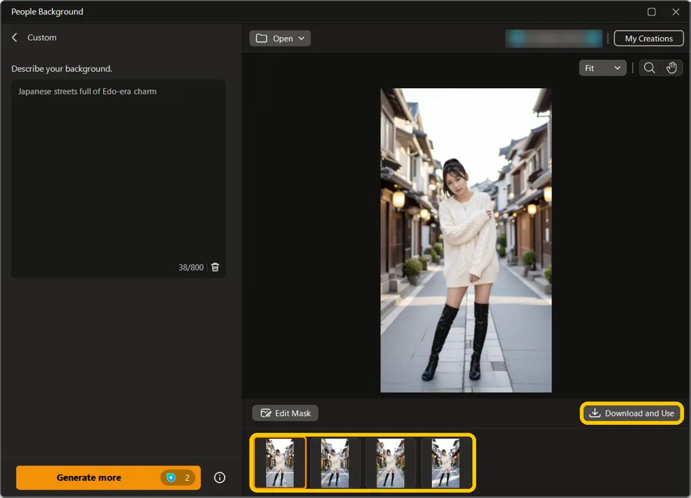 The finished portrait with the version thumbnails and Download and Use highlighted