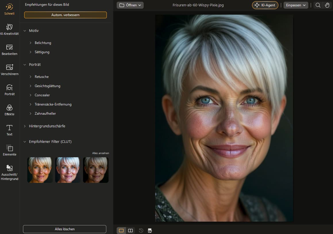 Benutzeroberfläche von PhotoDirector mit KI-Quick-Actions für die Porträt-Bearbeitung und automatischen Filter-Vorschlägen.