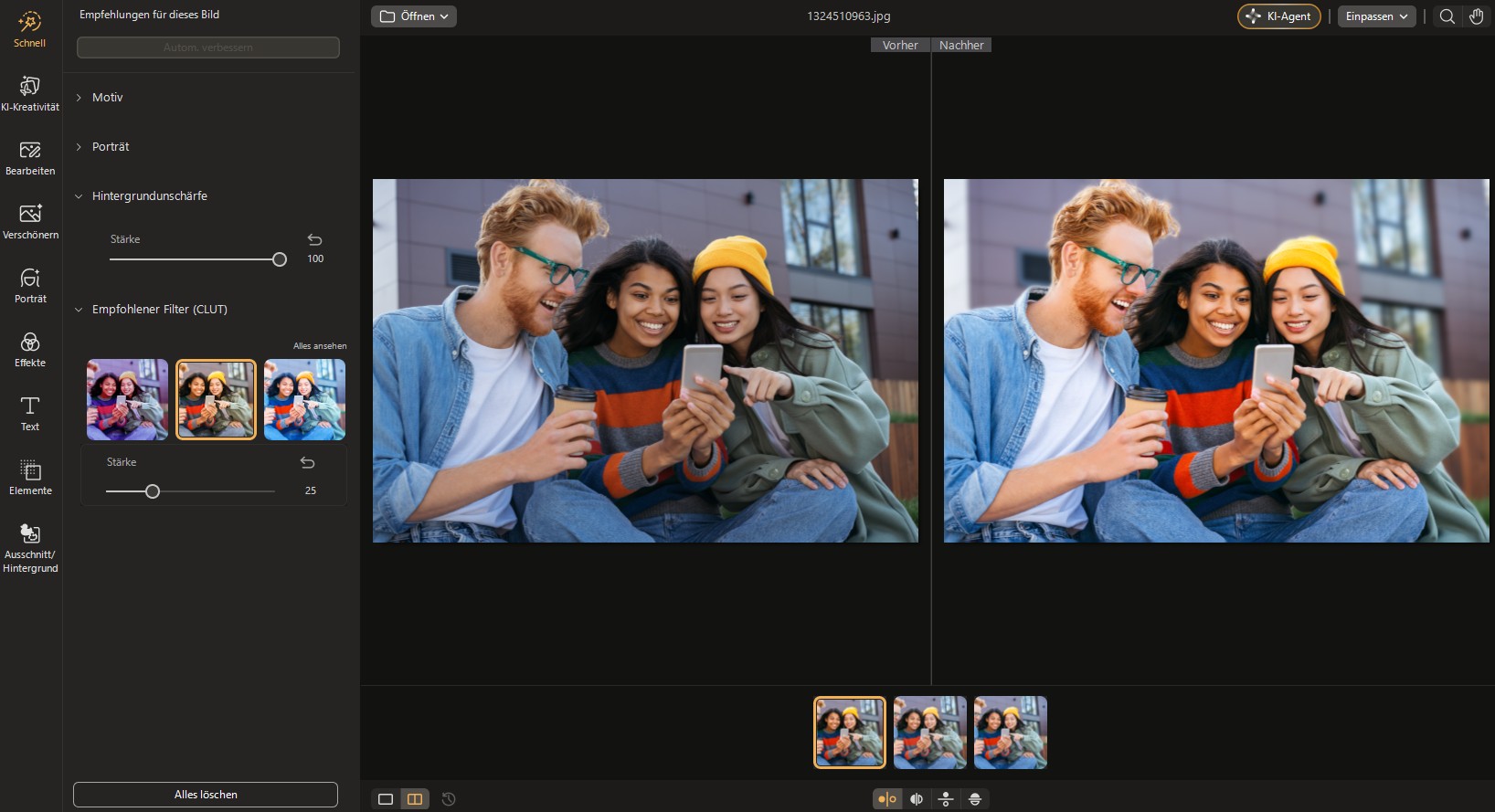Vorher-Nachher-Vergleich der KI-Hintergrundunschärfe in PhotoDirector: Eine Gruppe von Freunden wird durch den Weichzeichner-Effekt klar vom Hintergrund abgehoben.