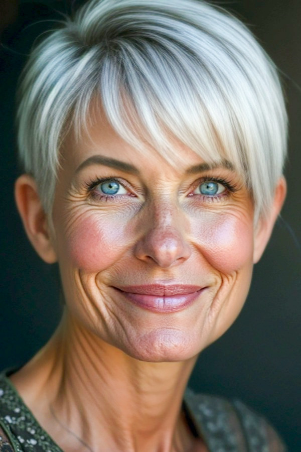 Ergebnis einer KI-Porträt-Retusche: Ein professionell optimiertes Porträt einer Frau mit strahlenden blauen Augen und natürlicher Hautstruktur, bearbeitet mit PhotoDirector Schnellaktionen.