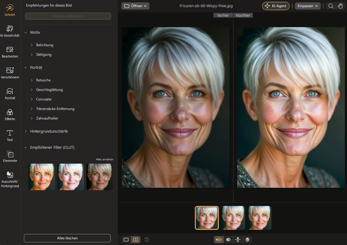 Porträt-Optimierung mit KI-Schnellaktionen: Vorher-Nachher-Vergleich einer Gesichtsretusche in PhotoDirector für natürliche Hauttöne und perfekte Belichtung.