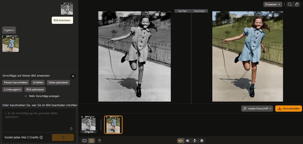 Schwarz-Weiß-Foto kolorieren mit KI: Ein historisches Bild eines Mädchens wird per Chat-Prompt in PhotoDirector automatisch in ein Farbbild verwandelt.