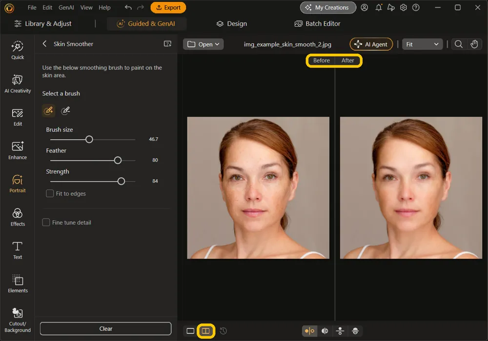 The side-by-side view button highlighted, with the original portrait under Before and the smoothed one under After