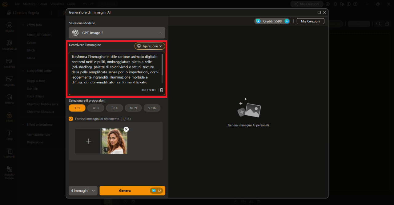 PhotoDirector per PC - scrittura del prompt per lo stile cartone