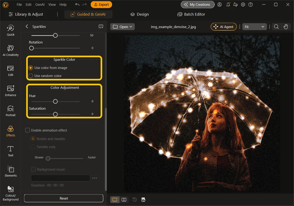 The Sparkles panel scrolled down, with the Sparkle Color options and the Hue and Saturation sliders under Color Adjustment highlighted