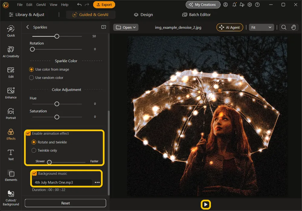 The Sparkles panel with Enable animation effect checked, Rotate and twinkle selected, the speed slider, Background music with a track chosen, and the play button below the photo highlighted