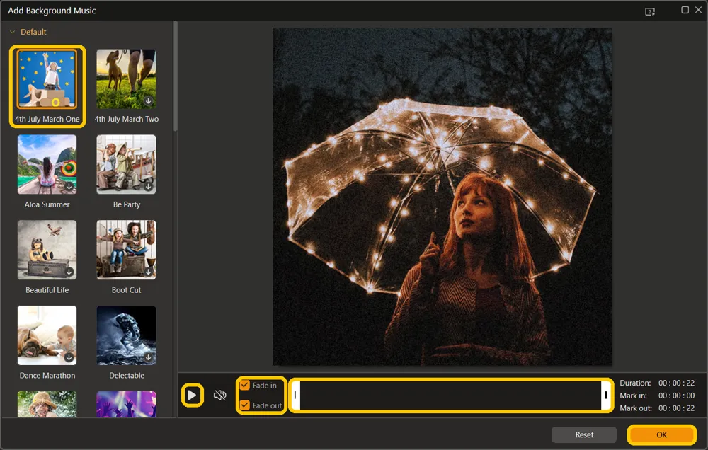 The Add Background Music window with a track selected in the Default list, and the play button, Fade in and Fade out, the trim bar, and OK highlighted