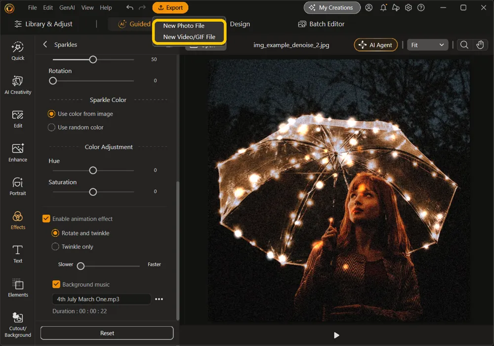The Export menu open at the top of the window, with New Photo File and New Video/GIF File highlighted
