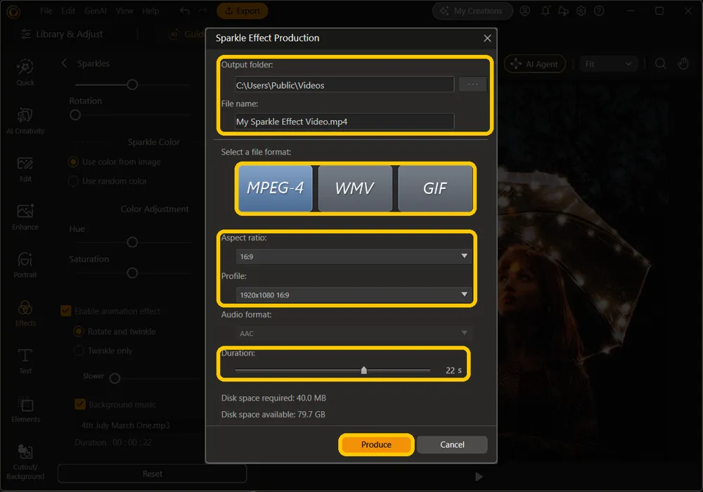 The Sparkle Effect Production window with Output folder and File name, the file format buttons, Aspect ratio and Profile, Duration, and Produce highlighted