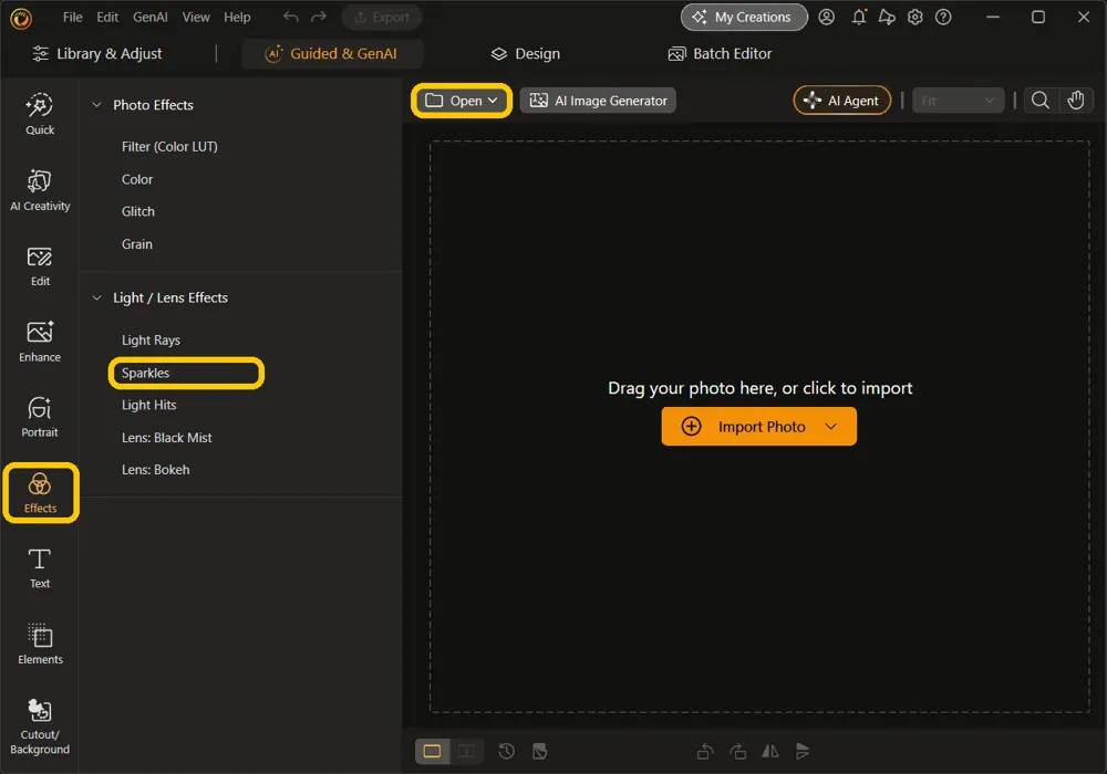 The empty canvas with the Open button, Effects in the left rail, and Sparkles under Light / Lens Effects highlighted
