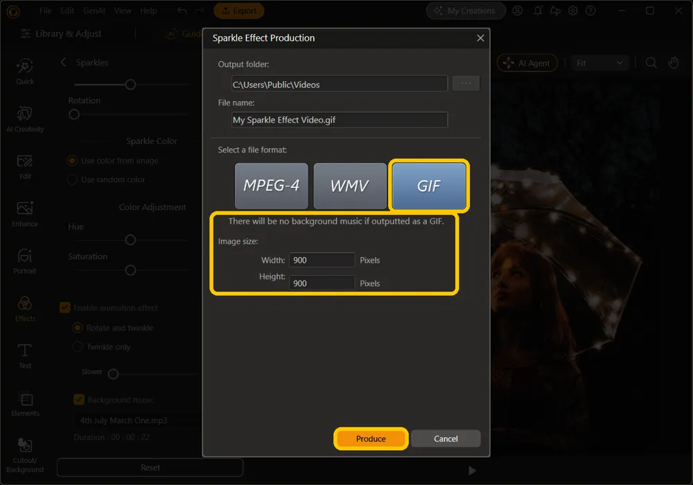The Sparkle Effect Production window with GIF selected, and the no-music note, the Image size Width and Height fields, and Produce highlighted