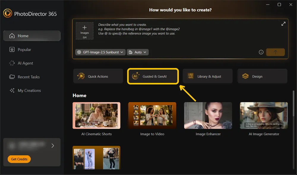 The PhotoDirector launcher with Guided and GenAI highlighted