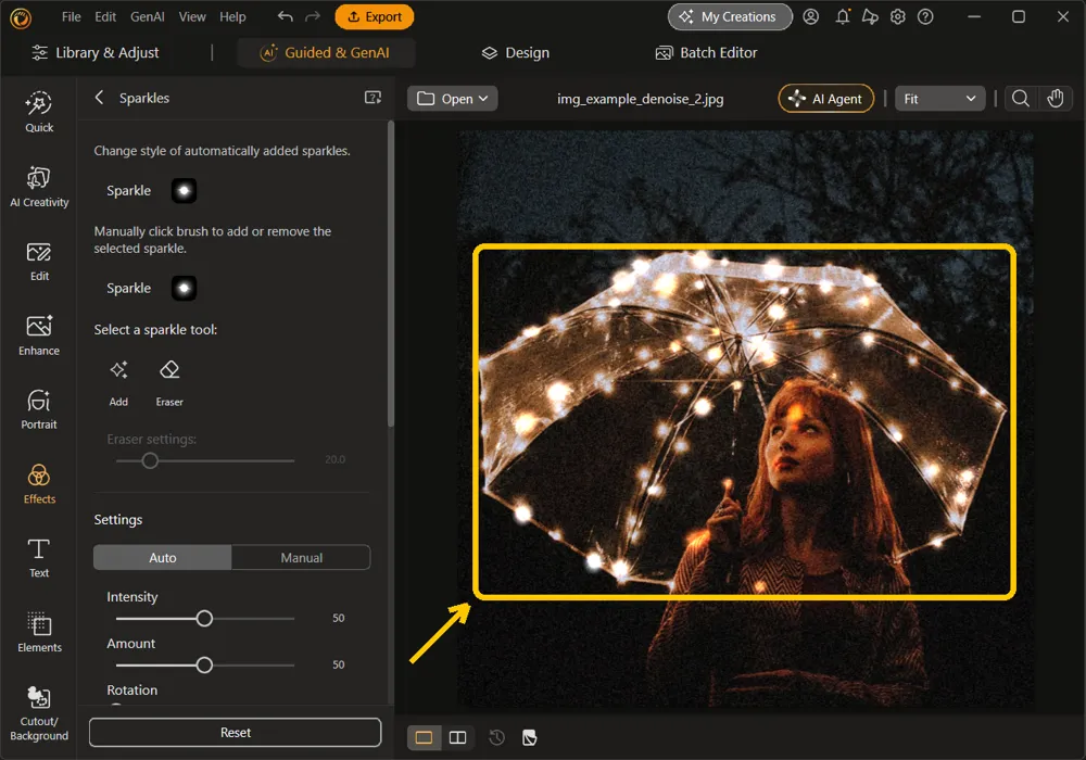 The Sparkles panel open, with soft glowing sparkles added to the umbrella lights highlighted