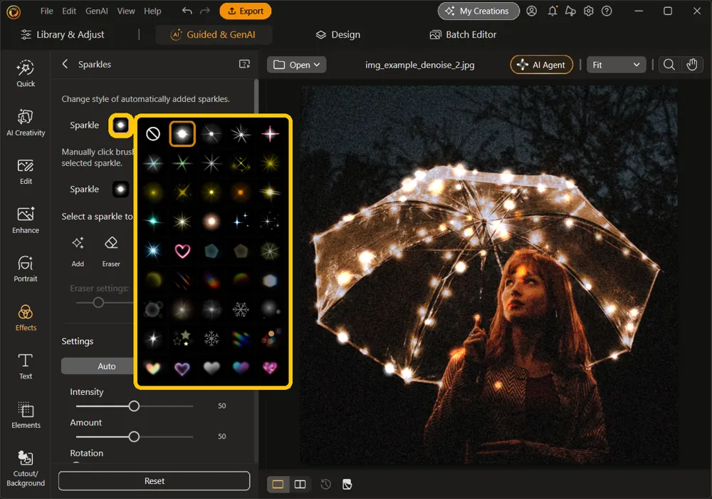 The first Sparkle box and the open grid of sparkle styles highlighted