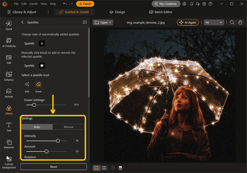 The Settings section with the Auto tab, Intensity at 78, Amount at 50, and Rotation highlighted