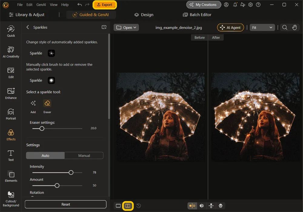The Before and After view of the photo, with the side-by-side view button and the Export button highlighted