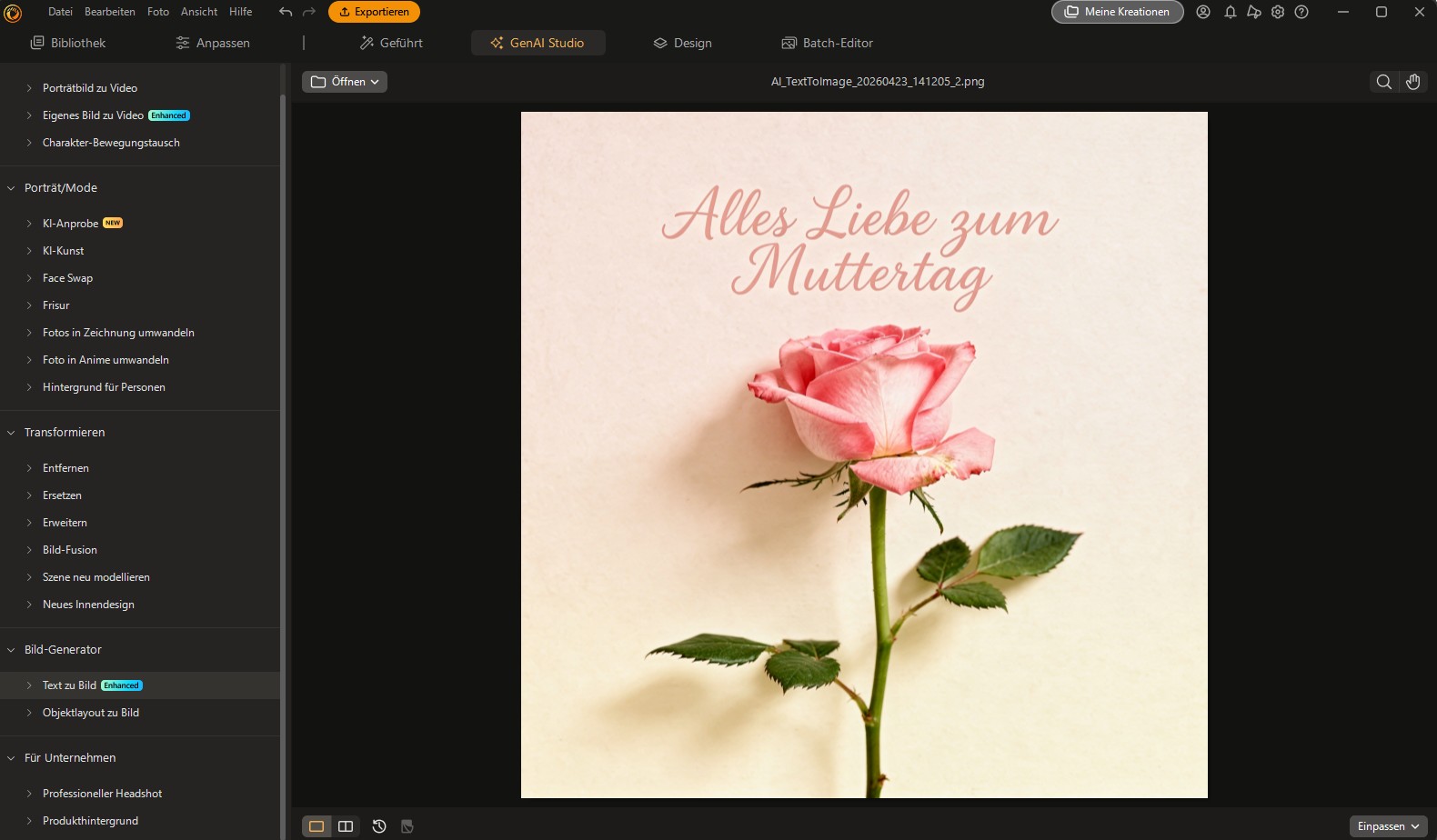 Benutzeroberfläche von PhotoDirector zeigt ein KI-generiertes Muttertagsbild mit einer edlen rosa Rose und dem Schriftzug Alles Liebe zum Muttertag.