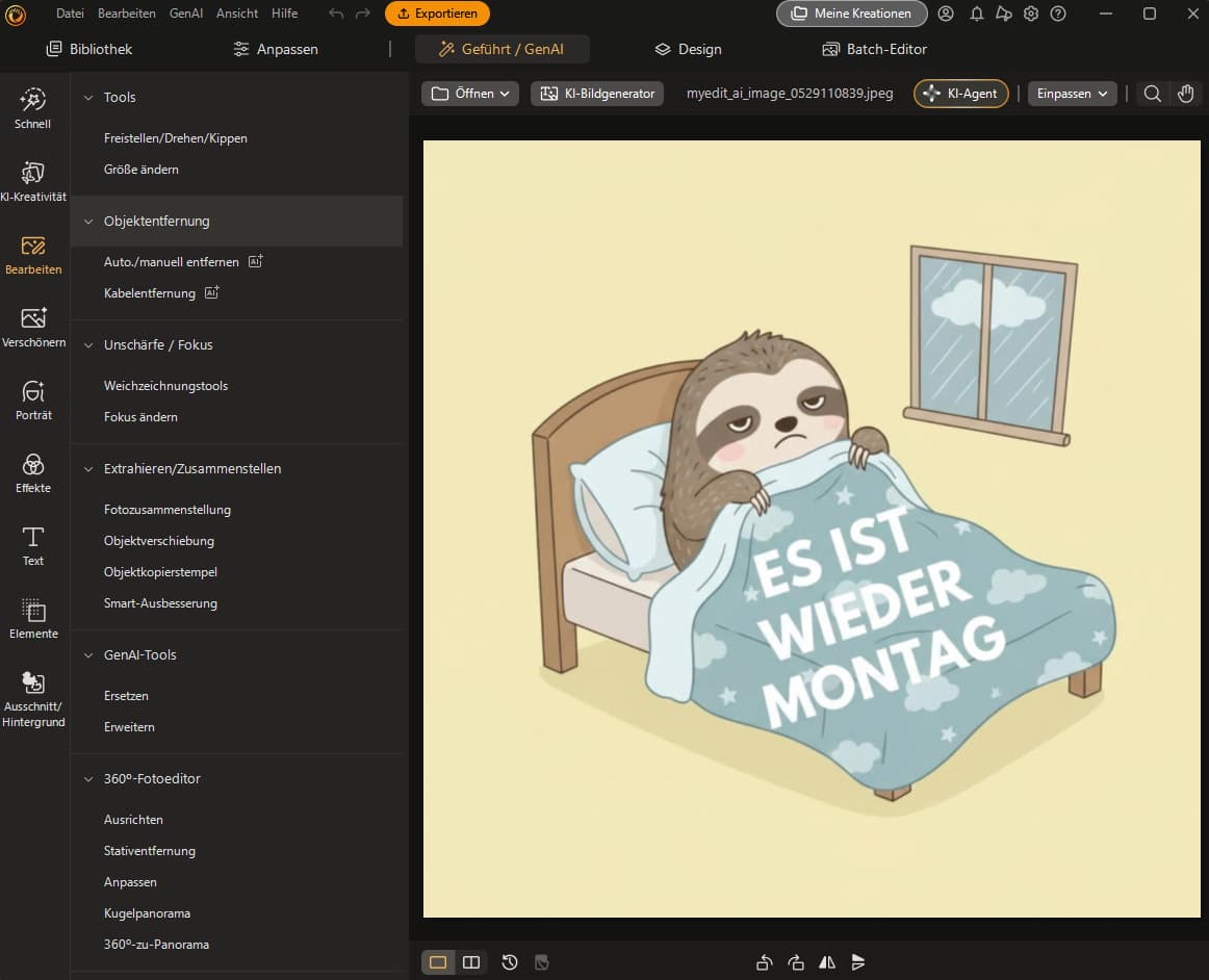 Ein Screenshot der PhotoDirector Benutzeroberfläche auf dem Desktop im dunklen Design. Auf der linken Seite ist das geöffnete Werkzeug-Menü mit Optionen wie Objektentfernung und GenAI-Tools sichtbar. In der Mitte wird eine im Flat-Stil generierte Grafik eines mürrischen Faultiers im Bett angezeigt, das eine blaue Decke mit der Aufschrift Es ist wieder Montag hält.