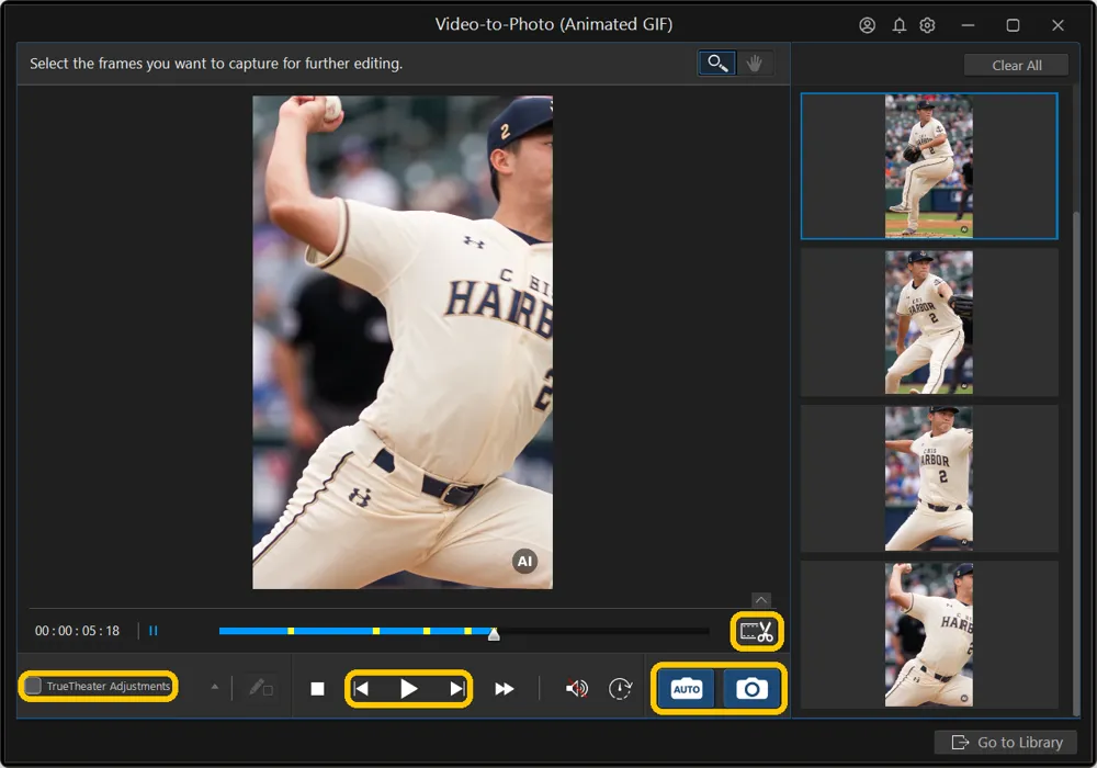 The Video-to-Photo (Animated GIF) window with TrueTheater Adjustments, the previous frame, play, and next frame buttons, the scissors button, and the AUTO and snapshot buttons highlighted