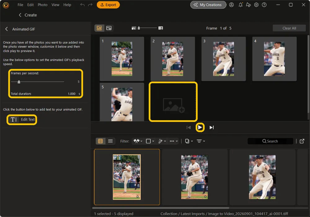 The Animated GIF panel with Frames per second and Total duration, Edit Text, the empty frame slot after frame 5, and the play button highlighted